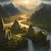 A fantasy landscape with ancient temple structures, a winding river, waterfalls, and towering mountains under a dramatic sunset sky.
