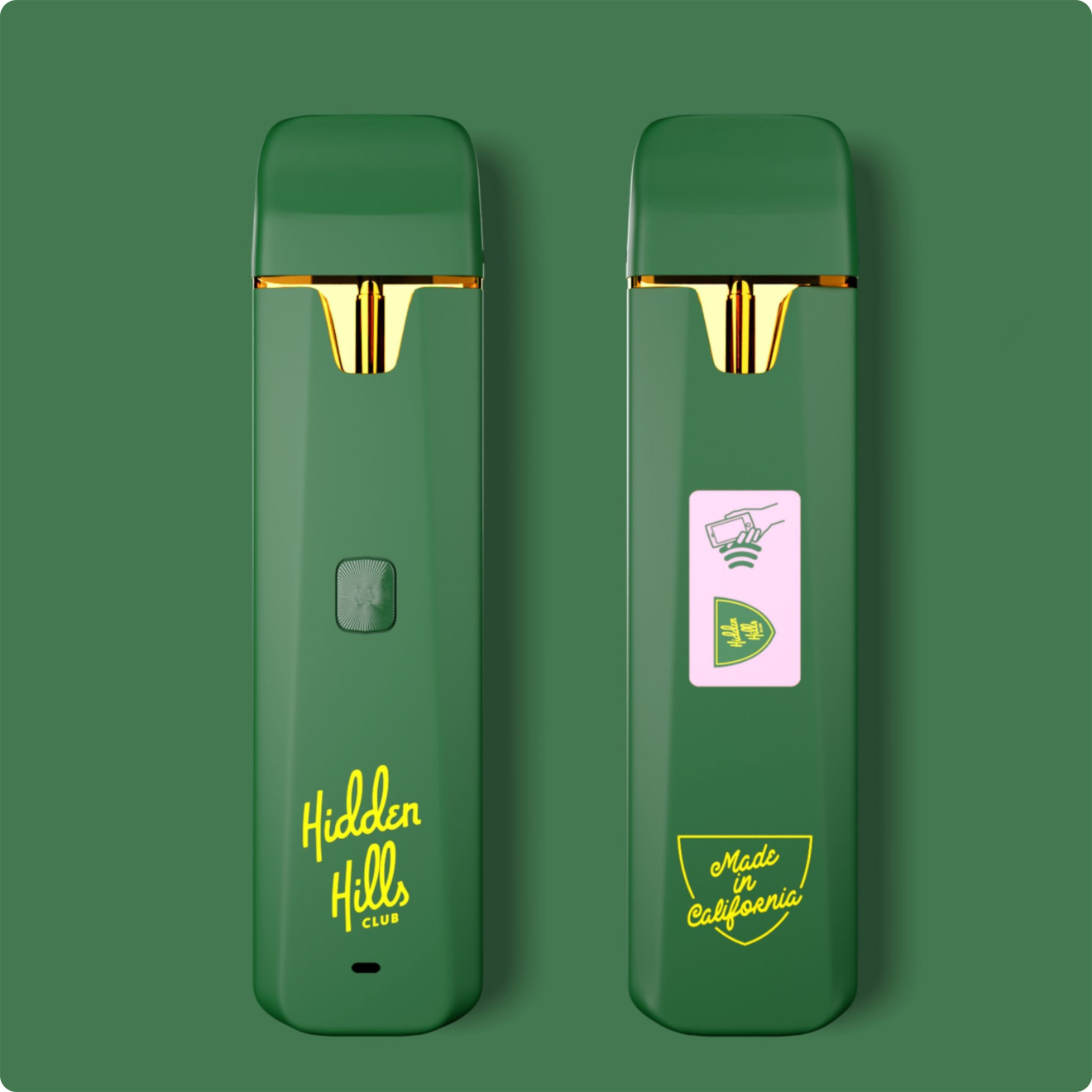 Two green vape pens with gold accents shown front and back; “Hidden Hills Club” and “Made in California” text visible with additional logos.
